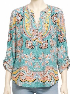New Directions L Paisley Peasant Blouse 3/4 Ruched Sleeve Turquoise Coral Top